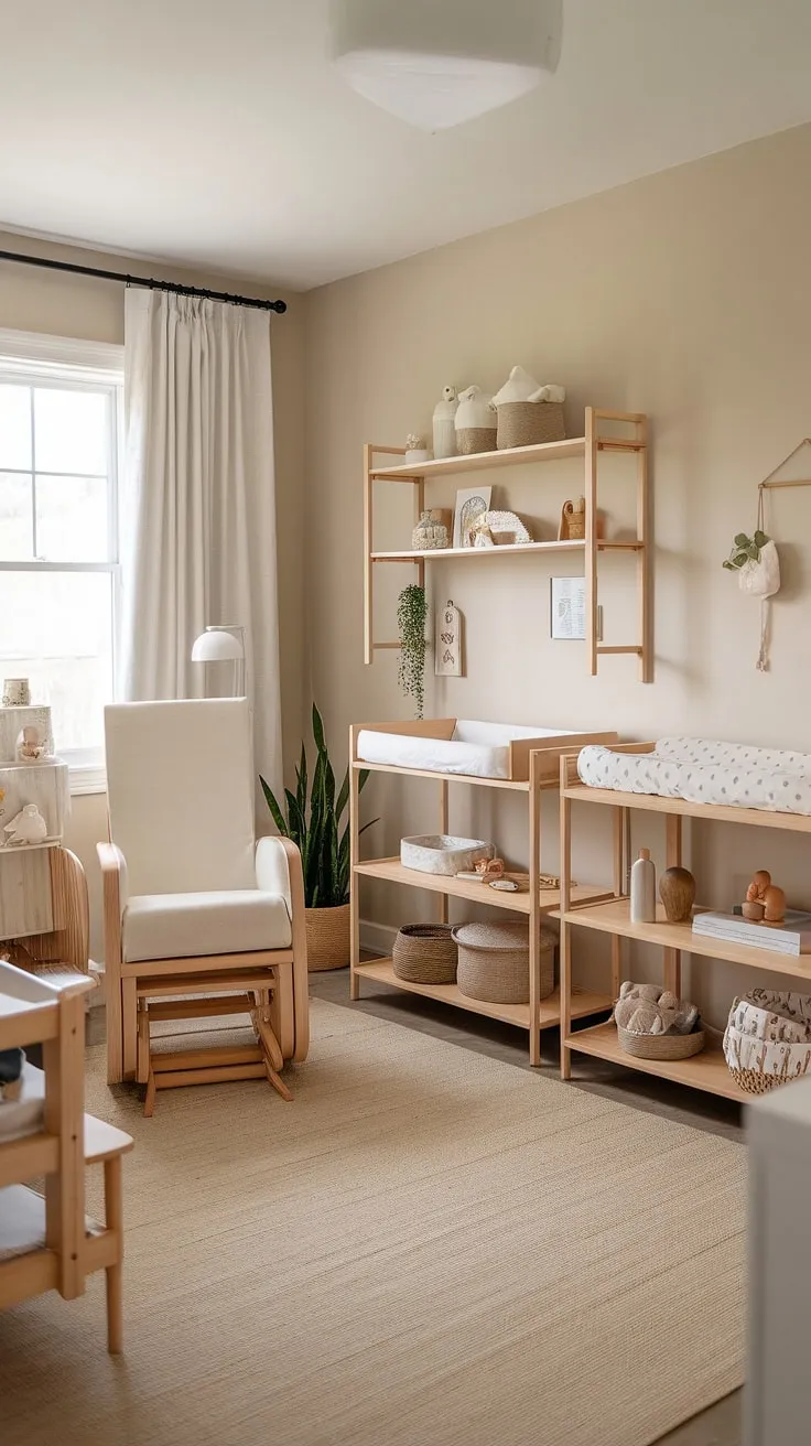 Soft beige walls and natural wood furniture create a serene haven for peaceful nights and happy days. This nursery is a sanctuary of calm, designed for both parent and child, a space where dreams are made and memories begin.