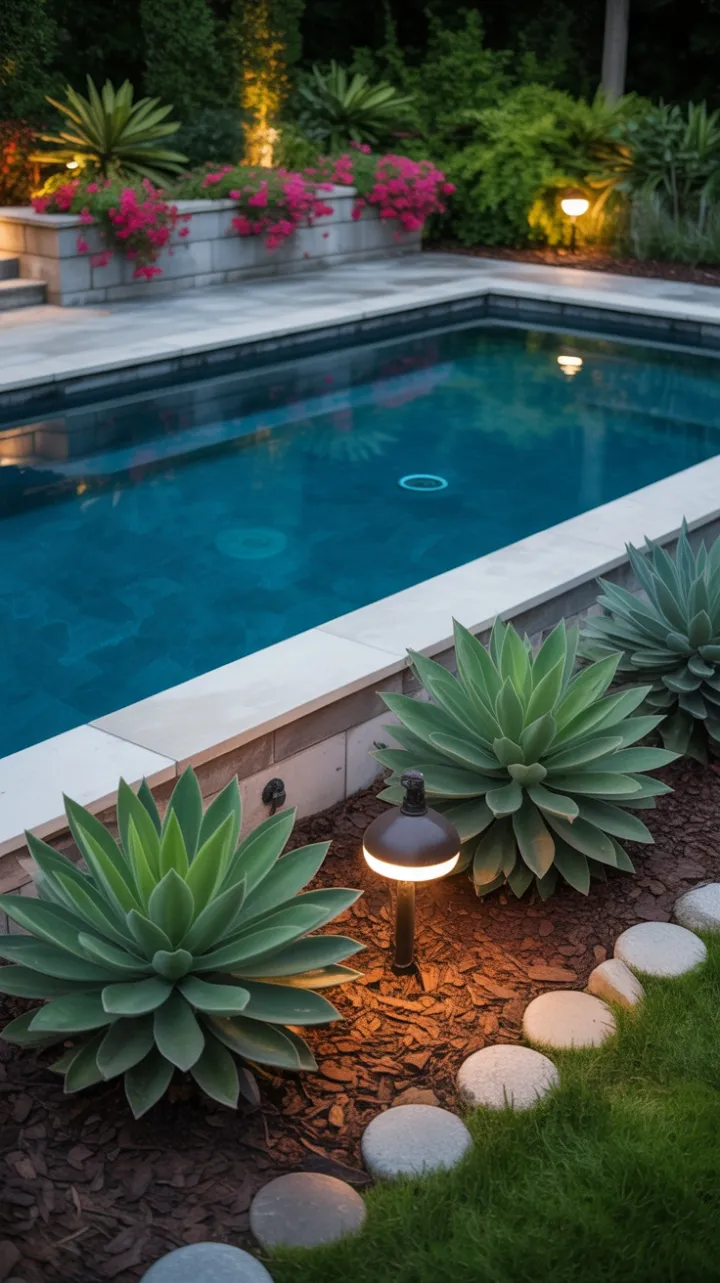 Lush Backyard Oasis with an Elegant Above-Ground Pool