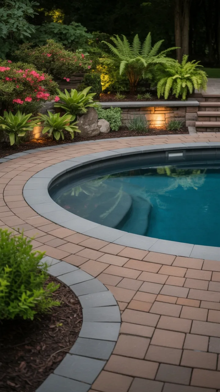 Tranquil Above-Ground Pool Retreat in a Lush Landscaped Garden