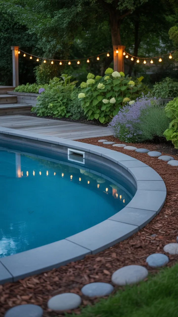 Luminous Garden Oasis Above Ground Pool with Curved Sky-Blue Walls