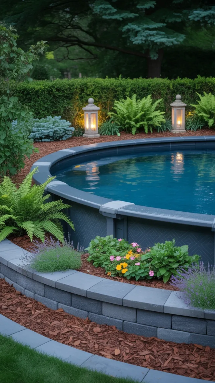 Secluded Garden Oasis with an Elegant Above-Ground Pool