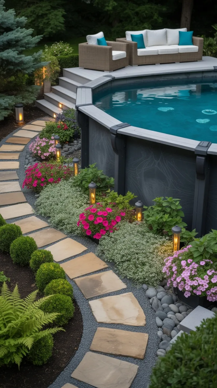 Luxe Garden Pool Retreat with Turquoise Water and Twilight Glow