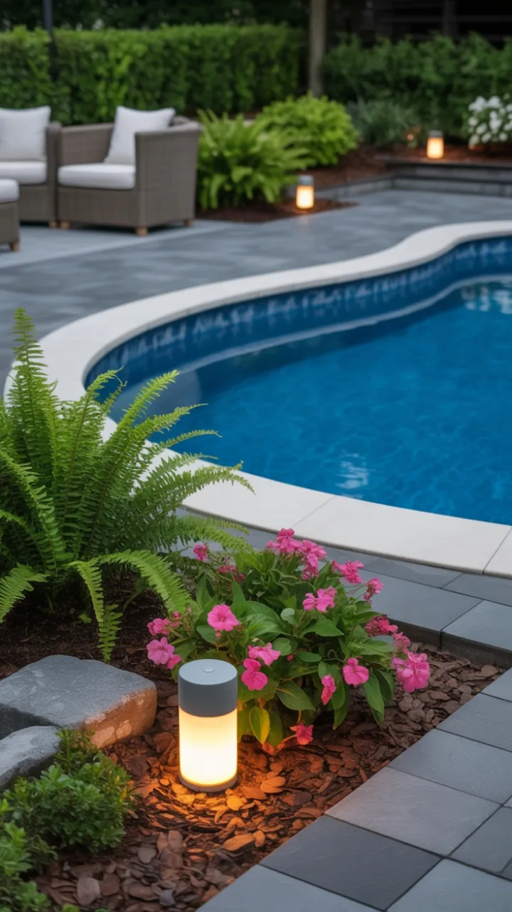 Serene Modern Oasis with Curved Blue Above‑Ground Pool