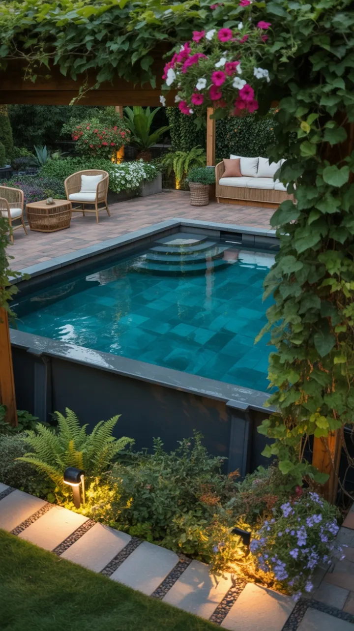 Sunlit Garden Oasis with a Luxurious Above-Ground Pool