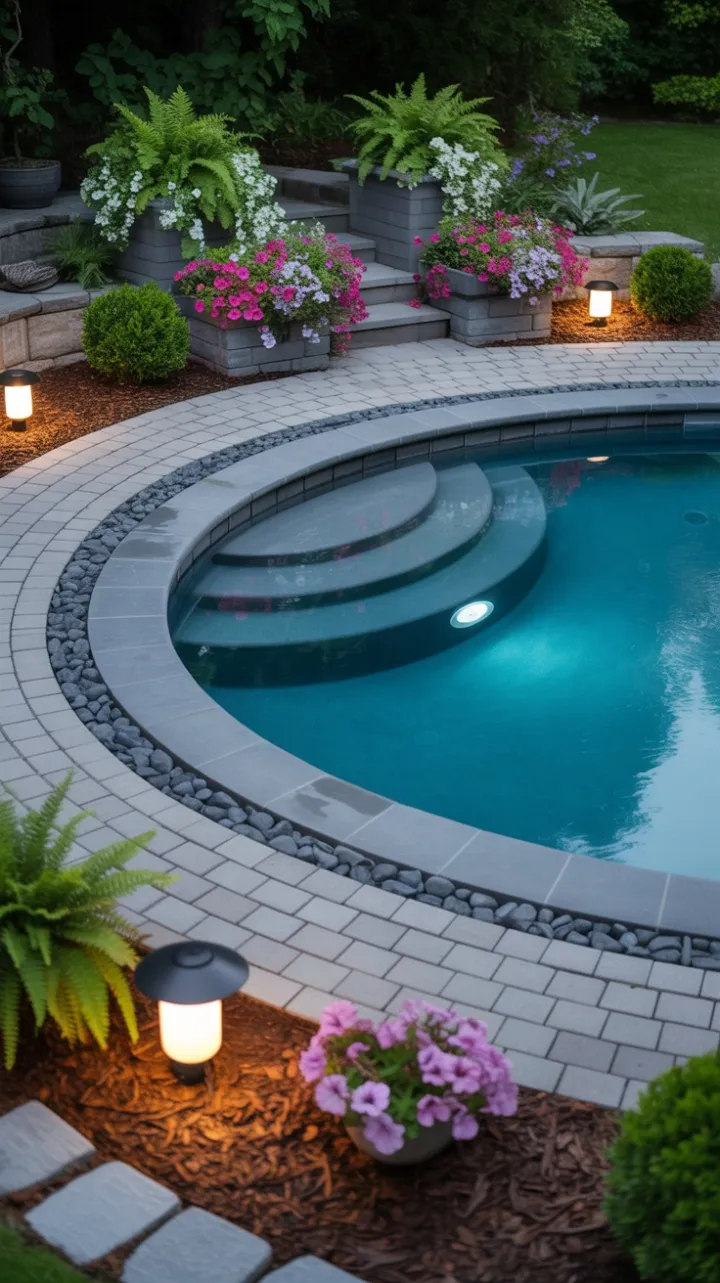 Shimmering Turquoise Backyard Oasis with Blooming Petunias