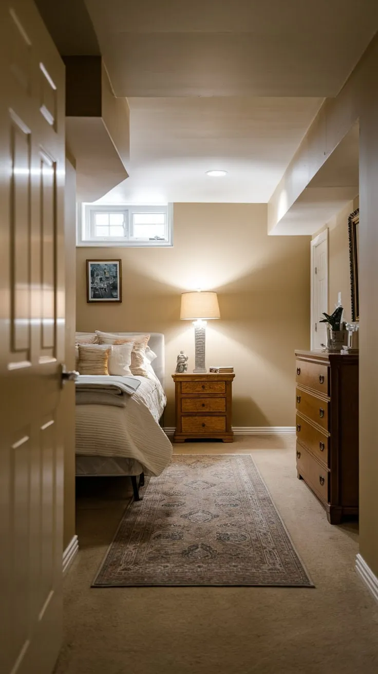 Cozy Basement Bedroom with Bright Lighting and Decor