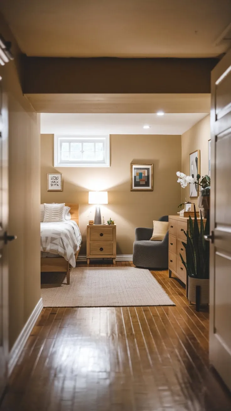 Cozy Basement Bedroom with Soft Lighting and Furniture