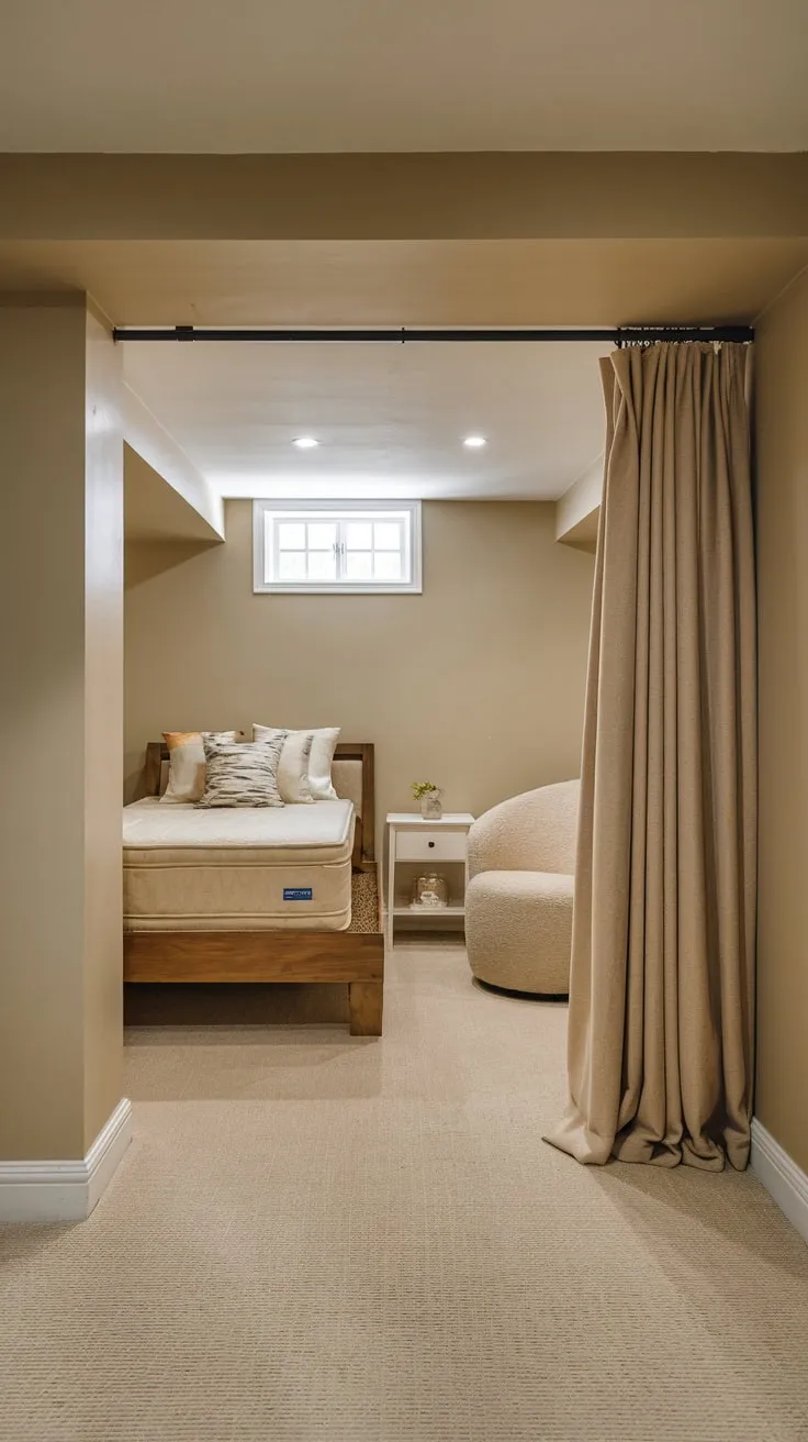 Cozy Beige Basement Bedroom with Minimal Natural Light