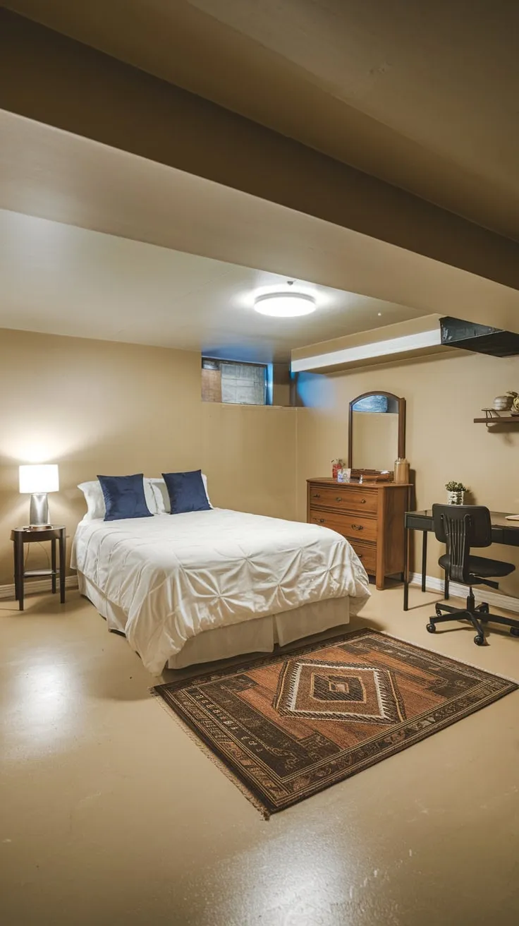 Cozy Basement Bedroom with Queen Bed and Decor