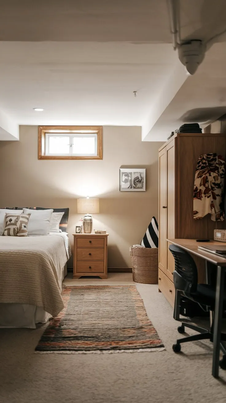 Cozy Basement Bedroom with Queen Bed and Decor