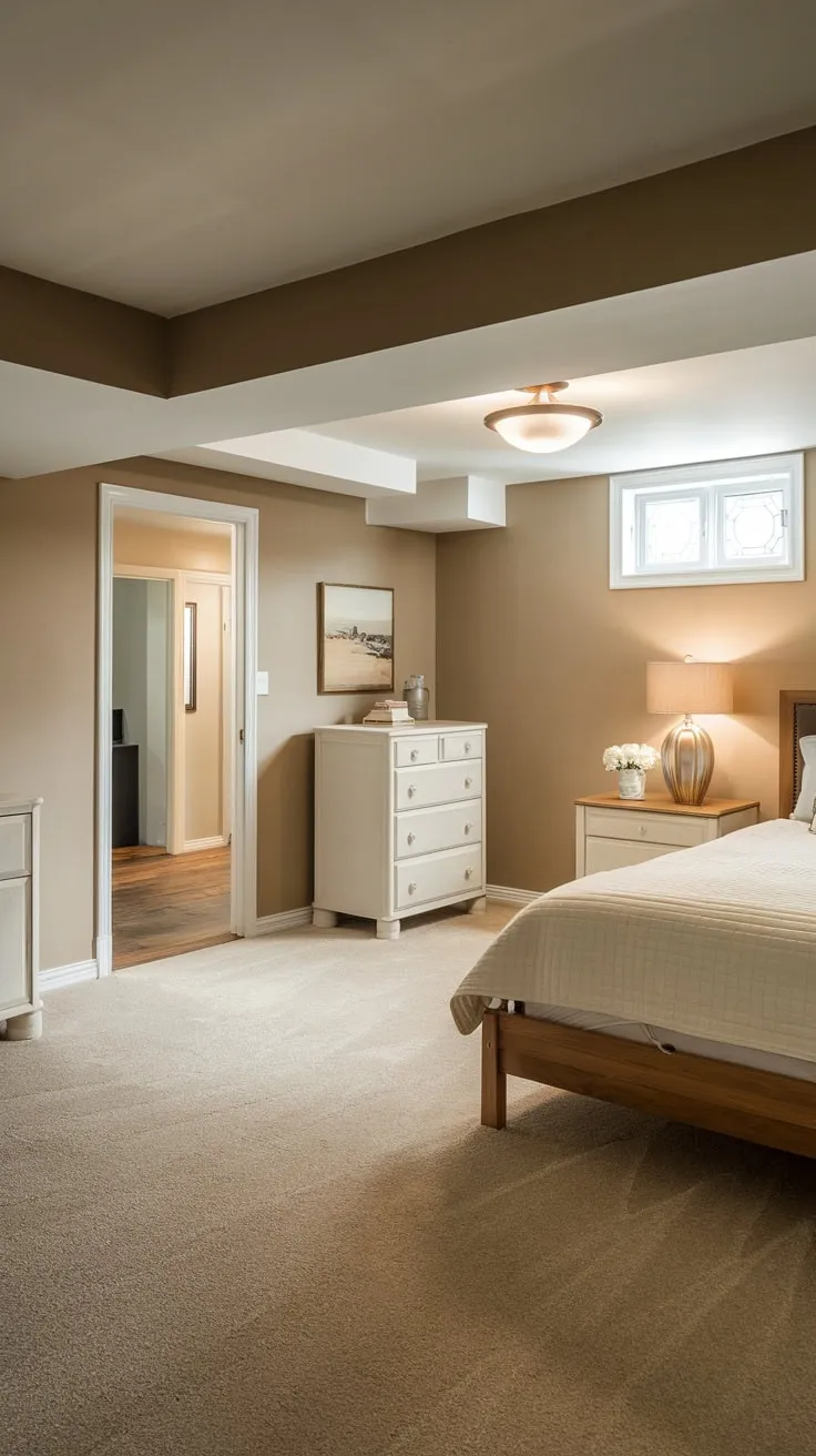 Cozy Basement Bedroom with Beige Decor and Lighting