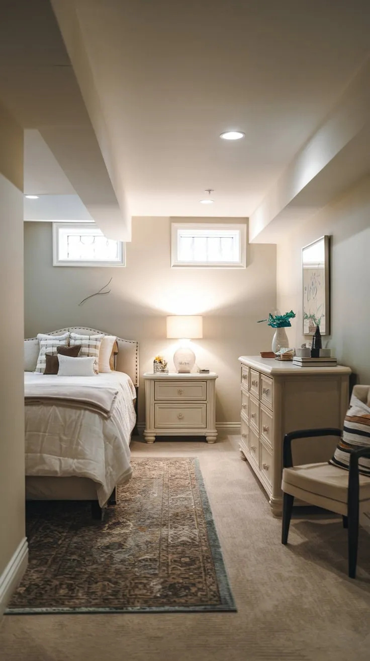 Cozy Basement Bedroom with Bright Lighting and Comfort
