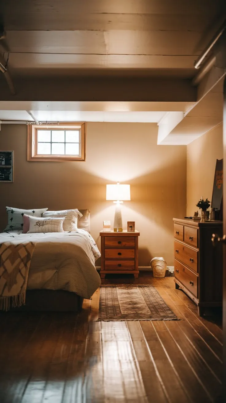 Cozy Basement Bedroom with Warm Glow and Comfort