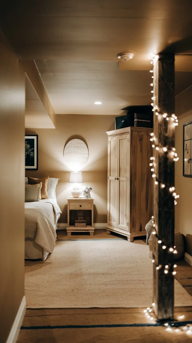 Cozy No-Window Basement Bedroom with Warm Ambiance