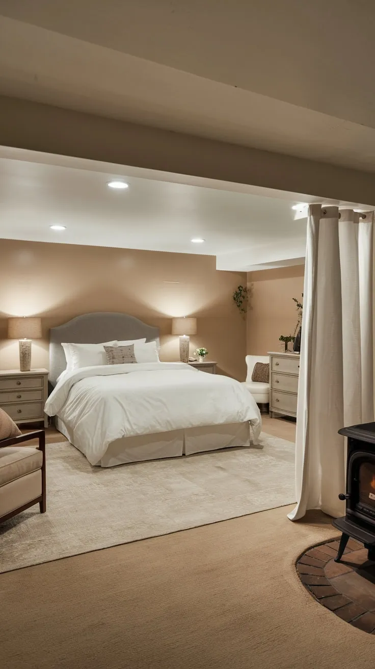 Cozy Basement Bedroom with Elegant Neutral Decor