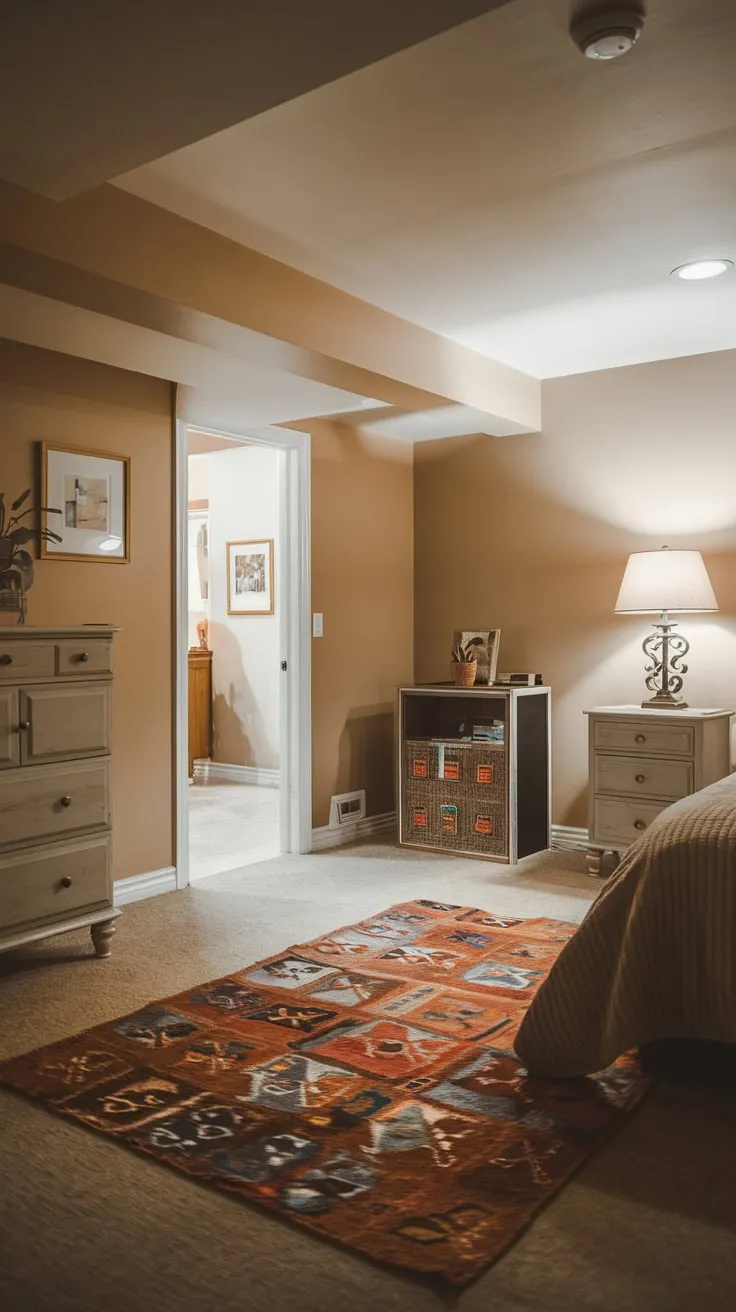 Cozy Basement Bedroom with Warm Beige Decor