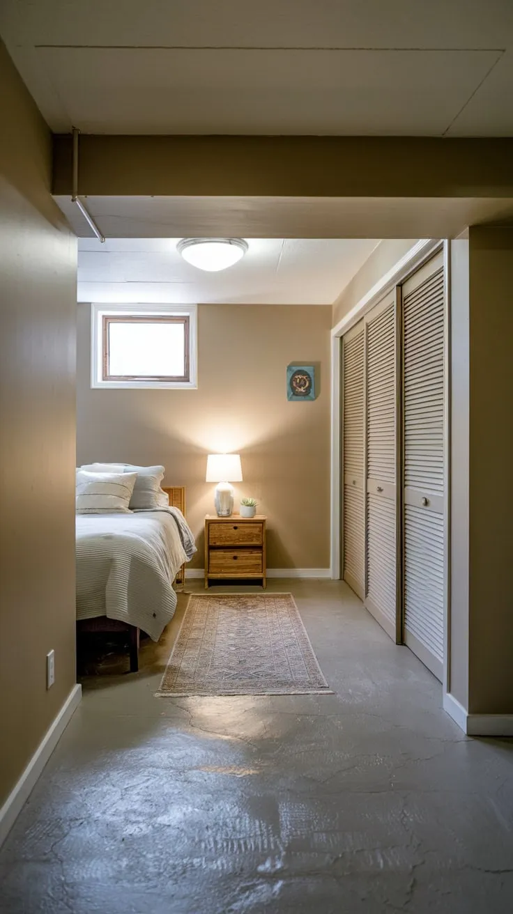 Cozy Basement Bedroom with Full Bed and Rug