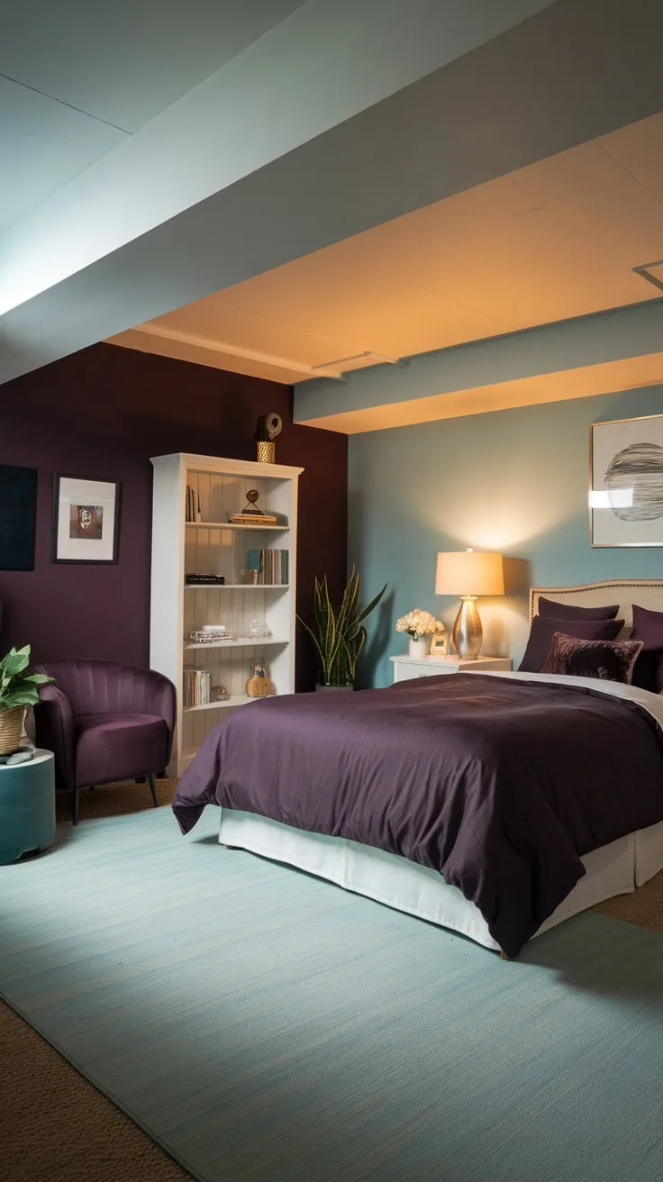 Cozy Basement Bedroom with Dark Purple and Blue