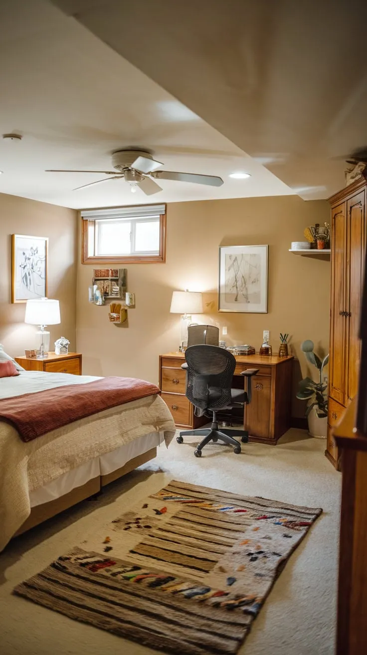 Cozy Basement Bedroom with Elegant Furnishings and Decor