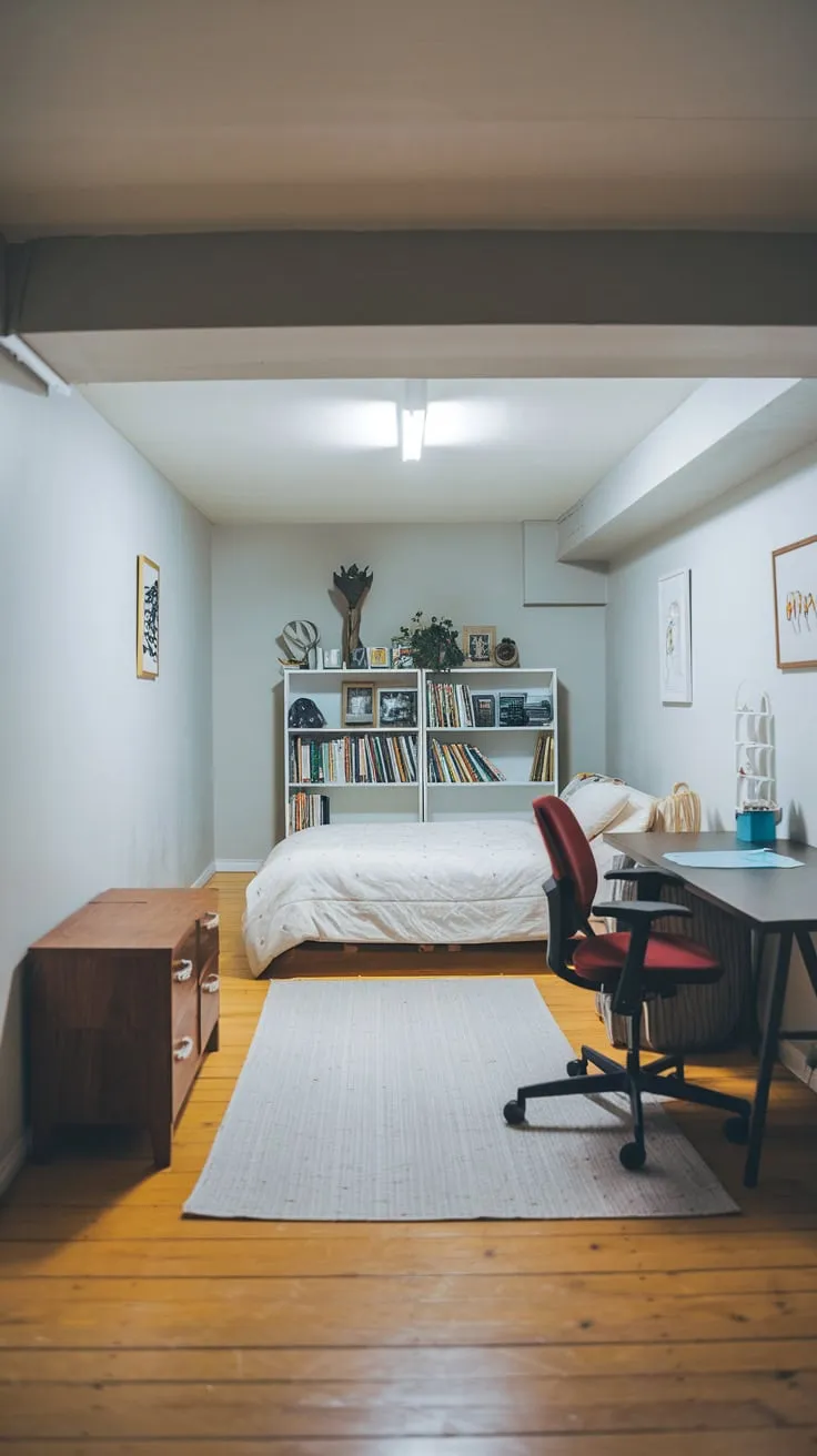 Cozy Basement Bedroom with Light Gray Walls and Furnishings