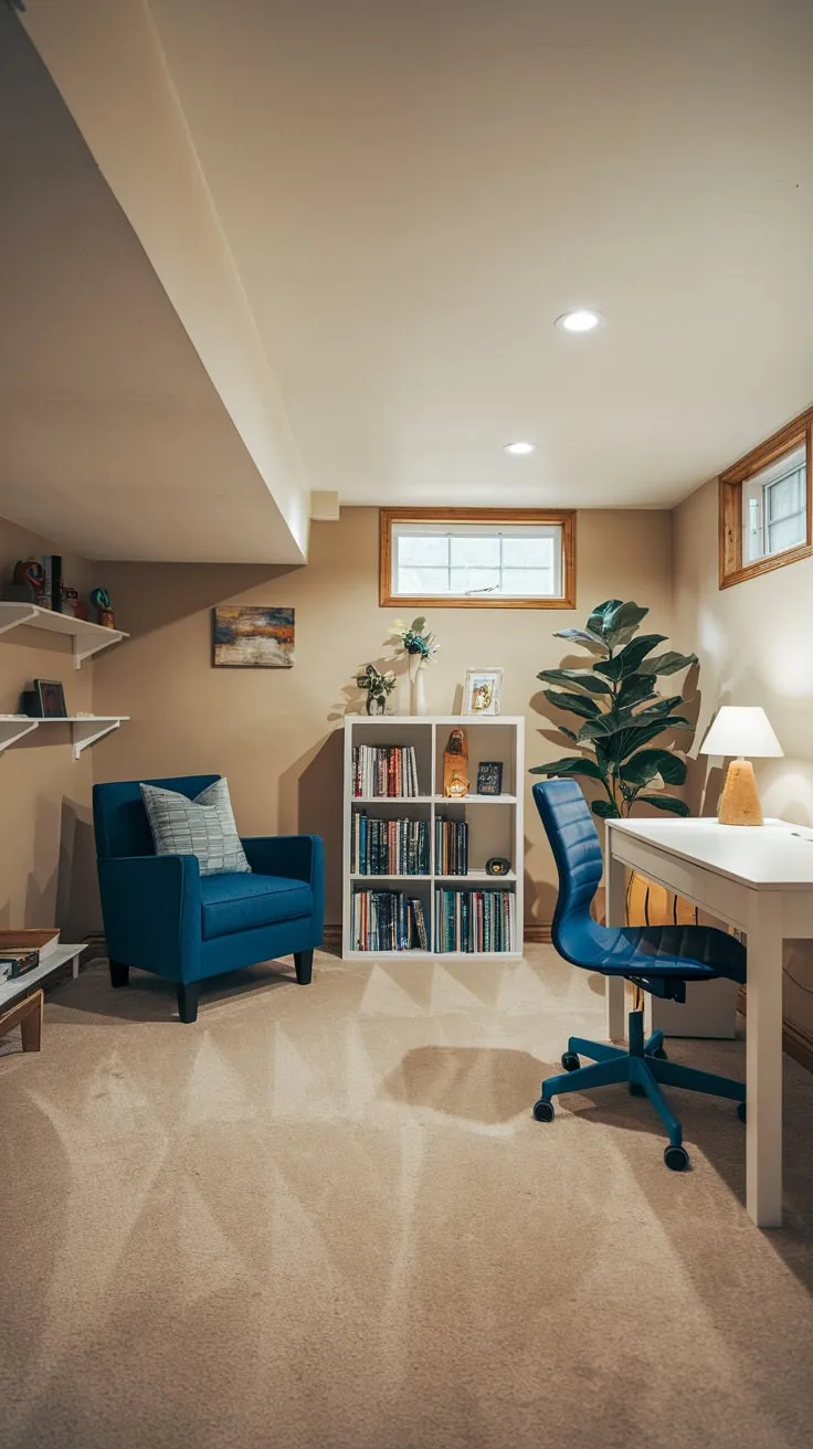 Cozy Basement Bedroom with Beige Carpet and Decor