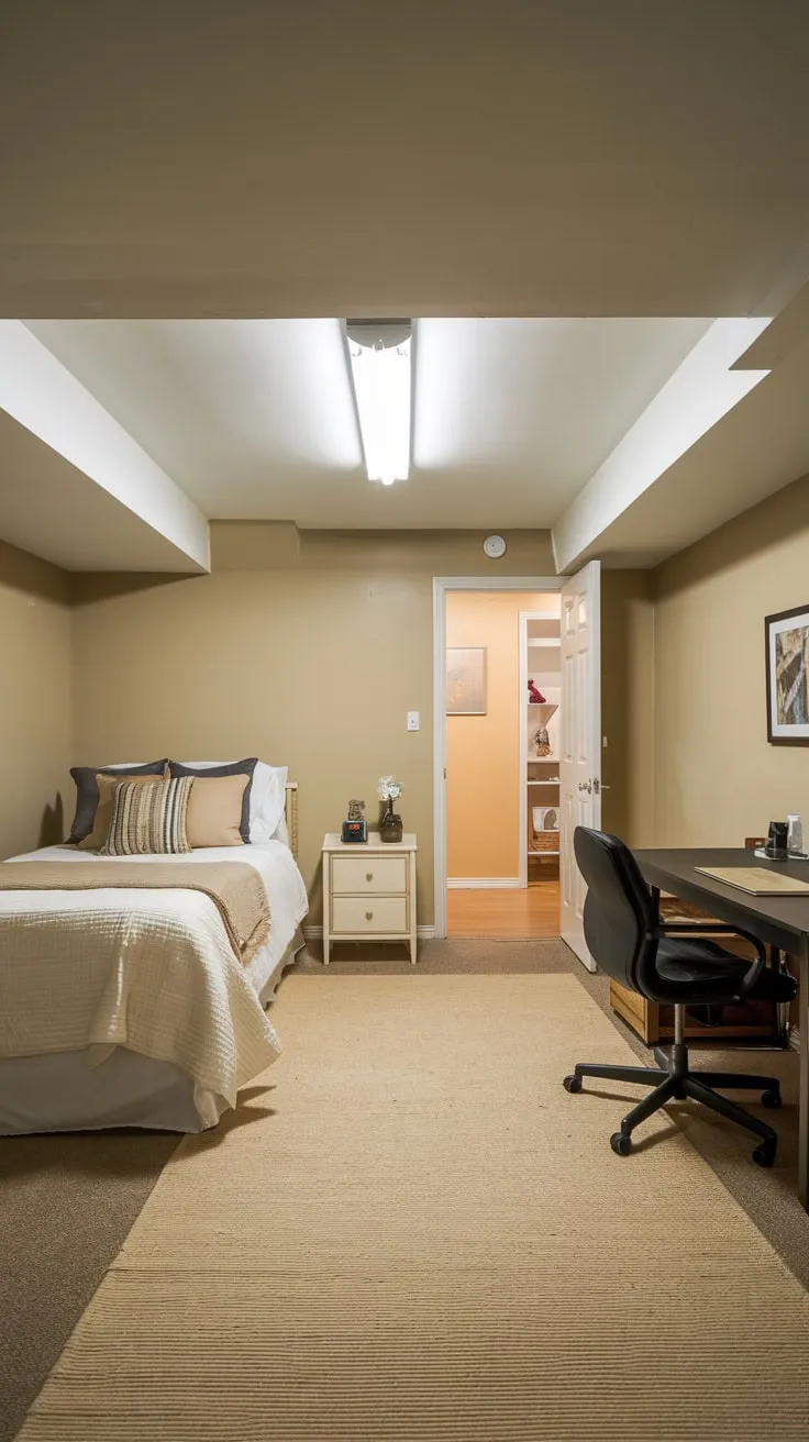 Cozy Basement Bedroom with Minimalist Furnishings and Light