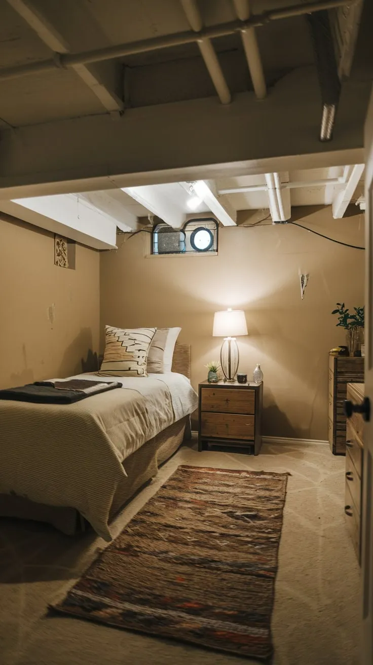 Cozy Basement Bedroom with Low Ceiling and Comfort
