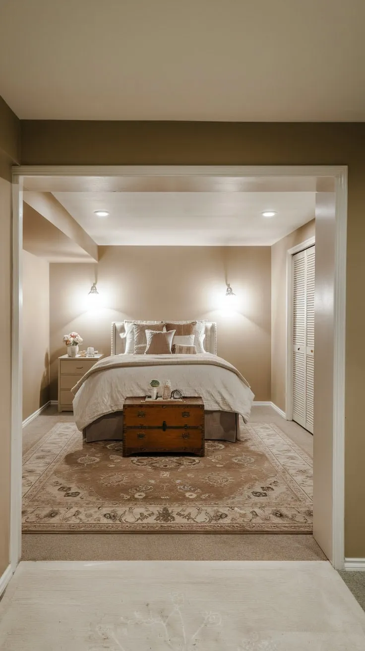 Cozy Basement Bedroom with Queen Bed and Sconces