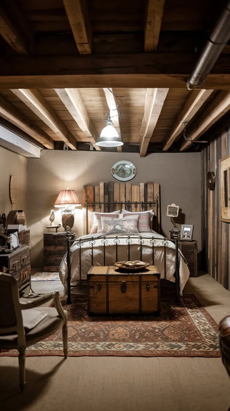 Cozy Rustic Basement Bedroom with Vintage Charm