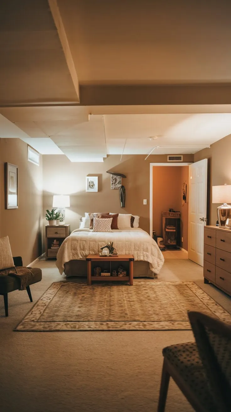 Cozy Basement Bedroom with Warm Lighting and Comfort