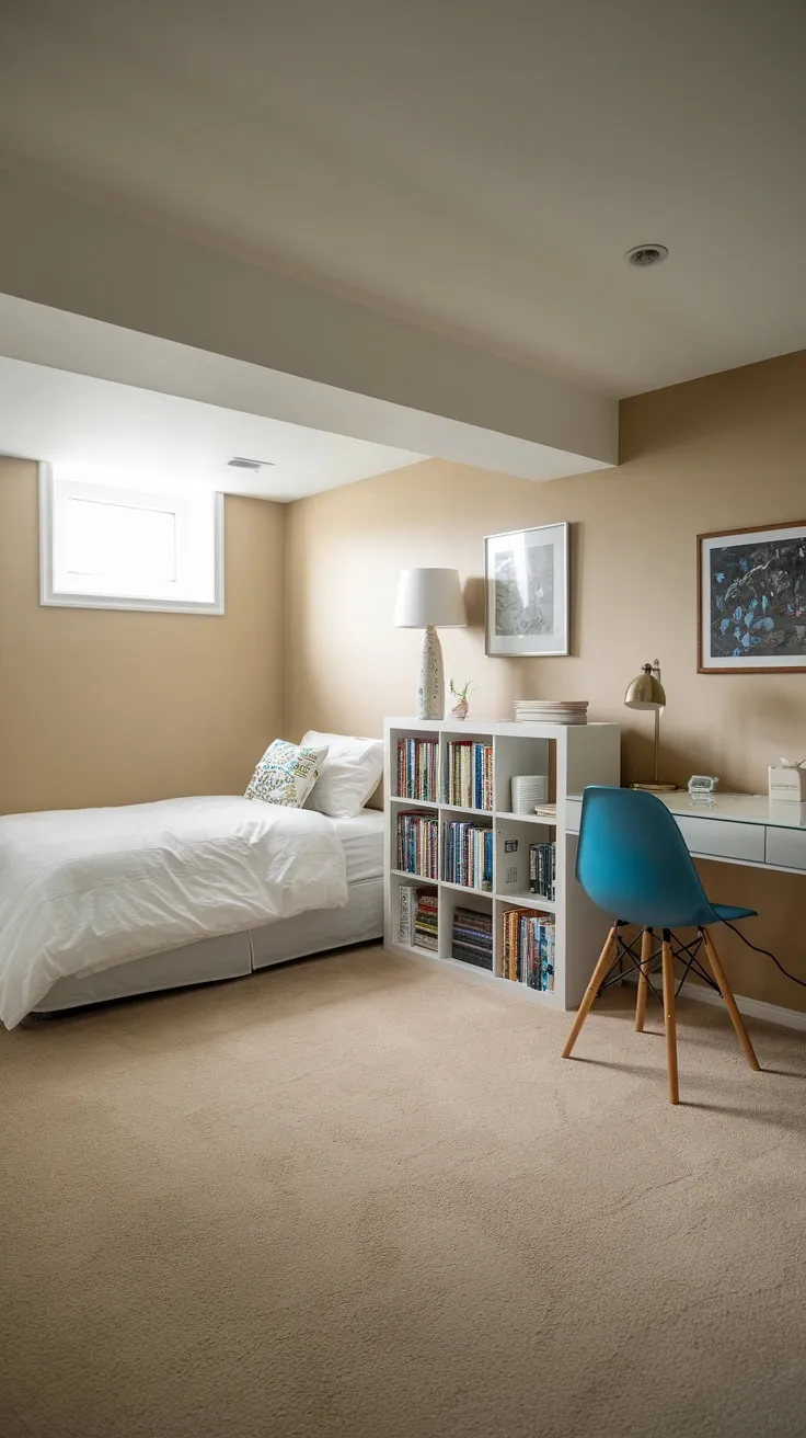 Cozy Basement Bedroom with Beige Decor and Furniture