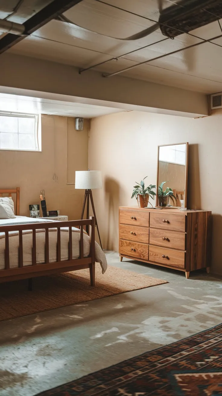 Cozy Basement Bedroom with Queen Bed and Dresser