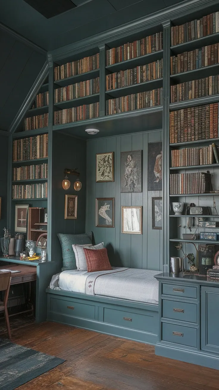 This nook bedroom, a haven of dark green bedroom aesthetic, embodies cottagecore charm with a gothic twist. The high ceilings and overflowing bookshelves create a library bedroom feel, perfect for dark academia decor. Beds in nooks offer a cozy retreat within this emerald room aesthetic, inspiring a sense of peaceful escape.