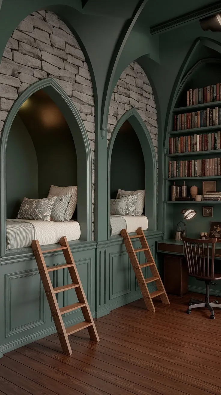 Discover the magic of this gothic bedroom, a haven of dark green bedroom aesthetic and dark academia decor. Two beds in nooks, each with its own wooden ladder, invite relaxation in this library bedroom. The perfect blend of cottagecore bedroom and emerald room aesthetic.