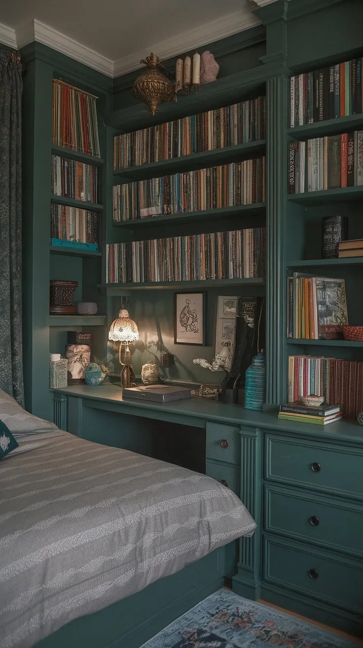 Escape to this cozy nook bedroom, where a dark green bedroom aesthetic meets cottagecore charm and gothic romance. Dark academia decor and emerald room aesthetic details create the perfect library bedroom for quiet contemplation.