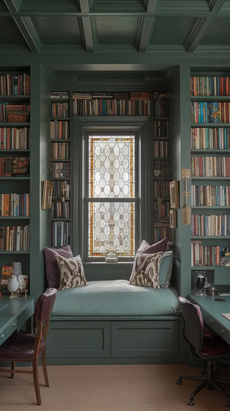 Nestled within a dark green bedroom aesthetic, this nook bedroom offers a haven of cottagecore charm. The high ceiling and overflowing bookshelves create a library bedroom feel, enhanced by the intricate stained glass window and dark academia decor. The bed, tucked away in its cozy nook, is the perfect centerpiece for this gothic bedroom, radiating a warm and inviting emerald room aesthetic. Beds in nooks have never looked so enchanting.