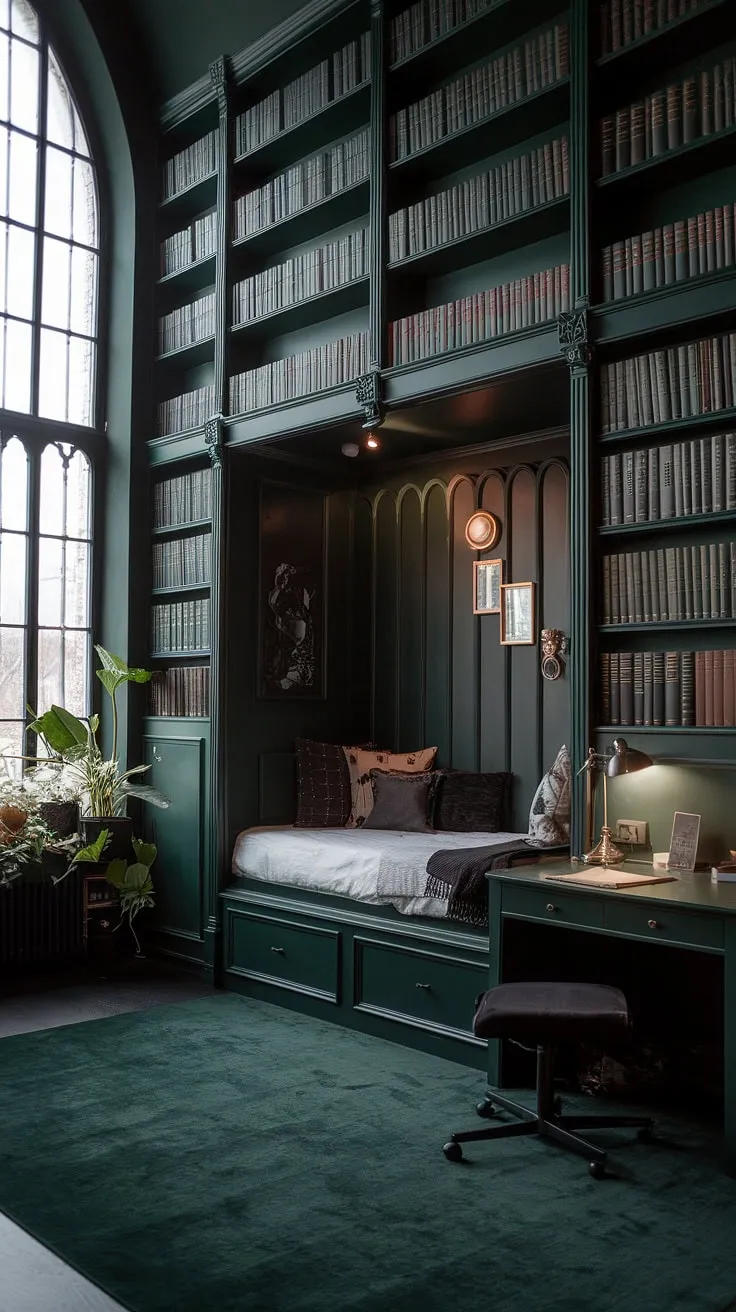 Escape to this cozy nook bedroom, where dark green bedroom aesthetic meets cottagecore charm. Dark academia decor and gothic bedroom elements create a dreamy library bedroom, perfect for quiet contemplation. Beds in nooks offer a unique space, while the emerald room aesthetic adds a touch of magic.