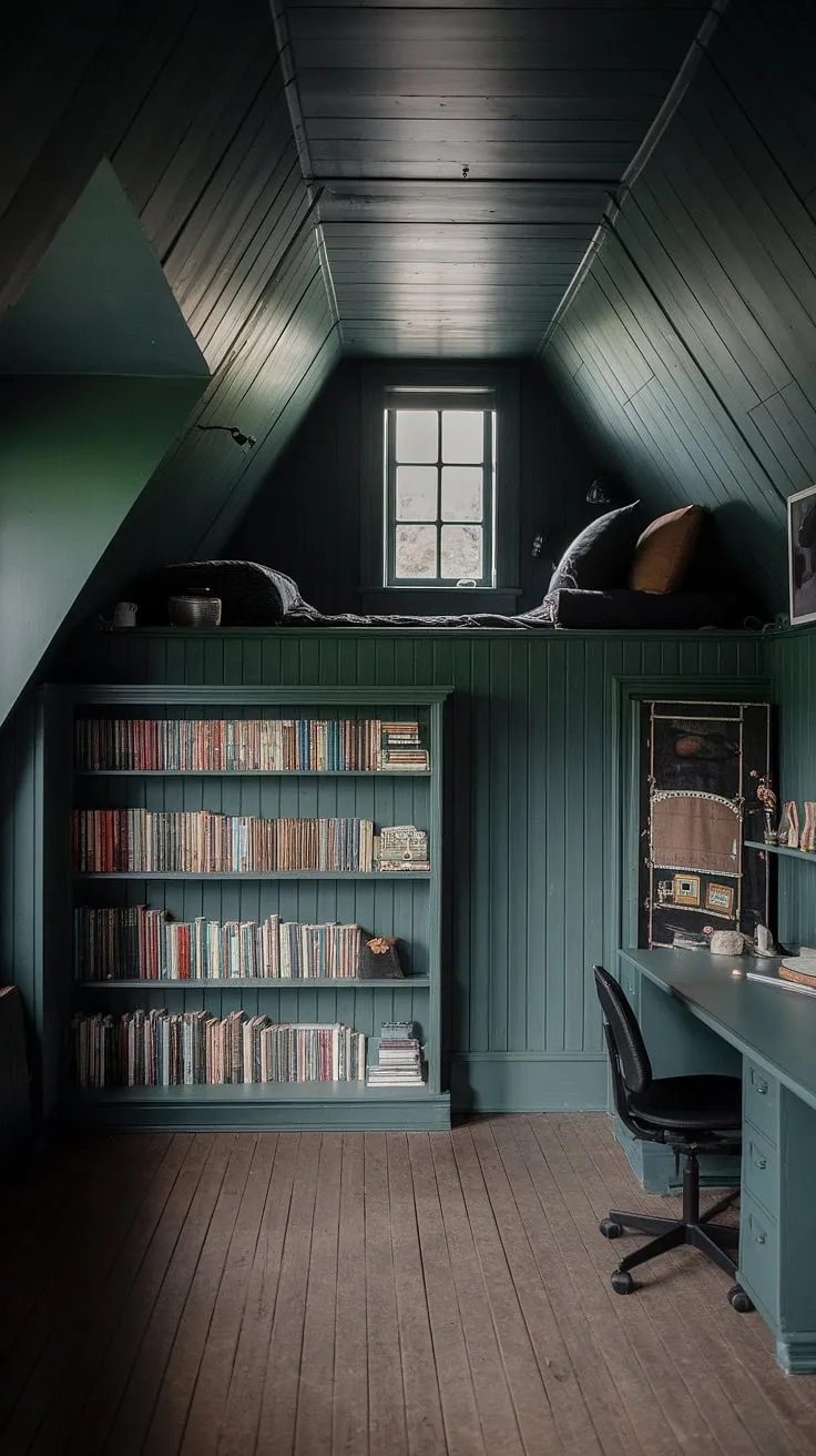 Escape to this enchanting nook bedroom, where dark green walls meet cottagecore charm and dark academia whispers. A gothic touch elevates the emerald room aesthetic, creating the ultimate library bedroom and bedroom inspiration in dark green.