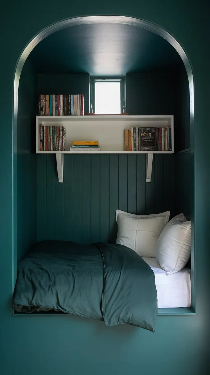 Tucked away in a cozy nook, this dark green bedroom aesthetic perfectly blends cottagecore charm with dark academia elegance. The emerald room aesthetic is enhanced by the built-in bed, white shelves holding beloved books, and a small window offering a glimpse of the outside world. This library bedroom, with its gothic undertones, provides the perfect space for quiet contemplation and restful nights. It's the ultimate bedroom inspiration for those seeking a unique and inviting beds in nooks design.