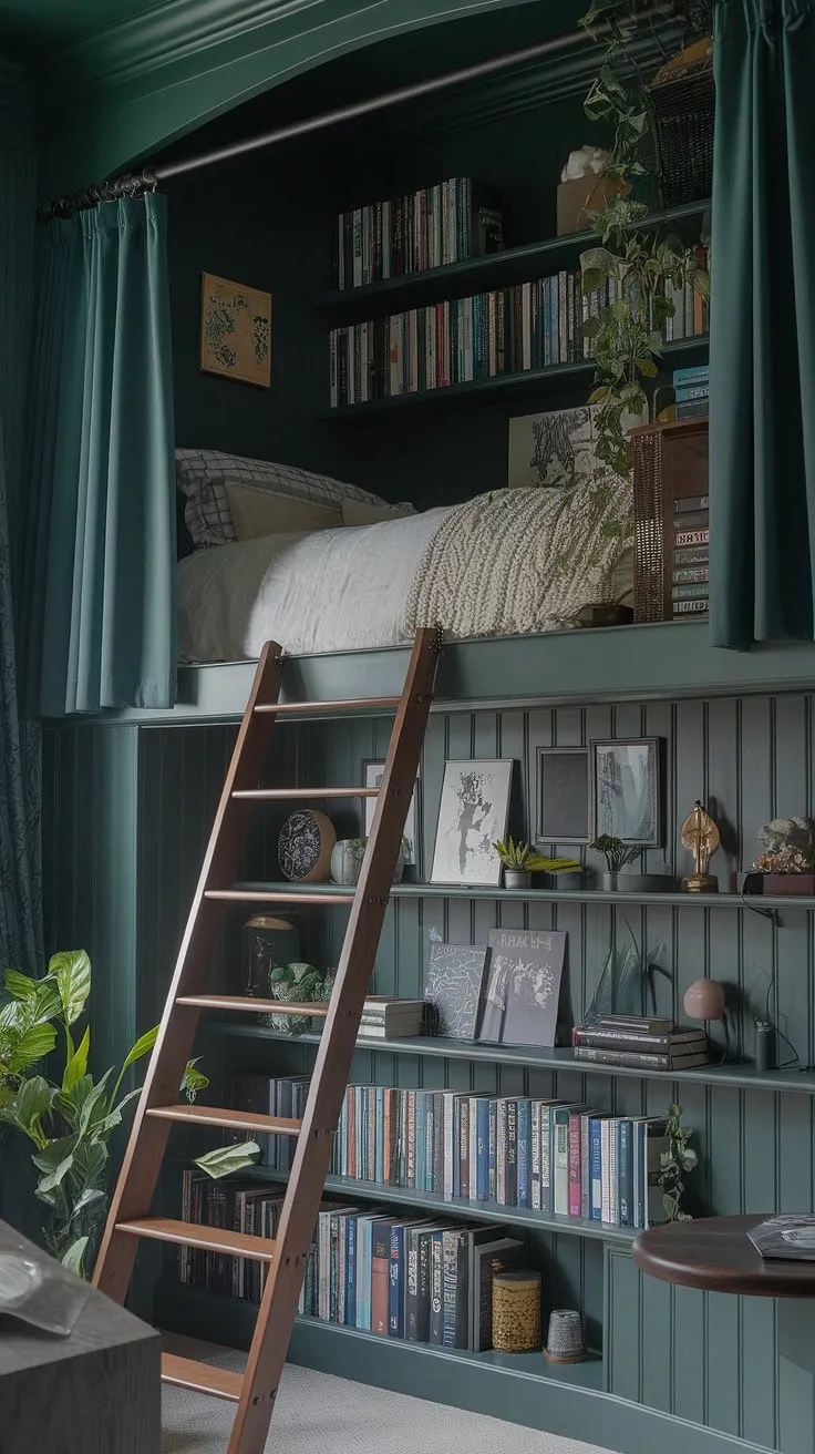 This emerald room aesthetic is pure bedroom inspiration: a dark green bedroom, complete with a charming nook, a ladder to a loft bed, and the perfect blend of dark academia decor and gothic cottagecore style. Discover the magic of beds in nooks.