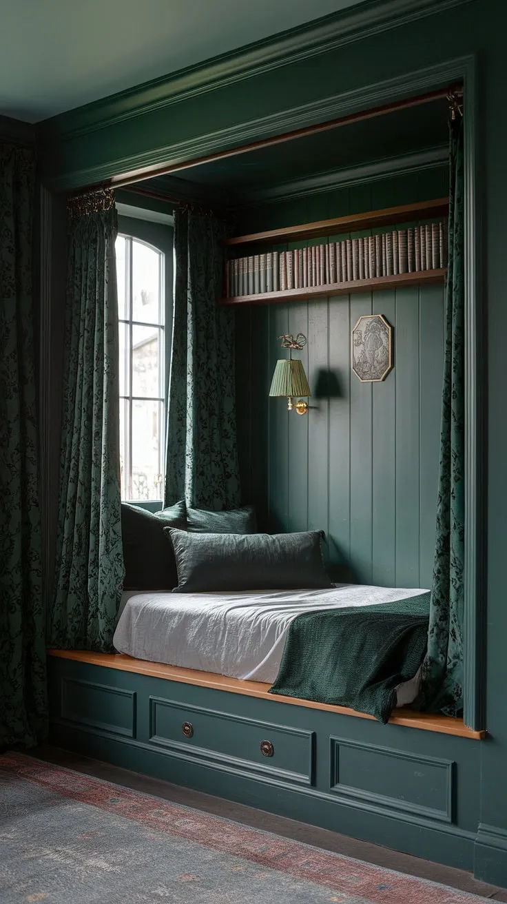 Escape to this enchanting nook bedroom, where a dark green bedroom aesthetic meets cottagecore charm and dark academia decor. Beds in nooks have never looked so inviting.
