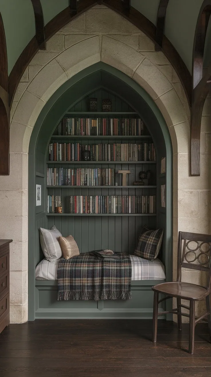 A dark green bedroom aesthetic reigns in this gothic bedroom, a captivating blend of cottagecore bedroom and dark academia decor. The snug nook bedroom, complete with beds in nooks and a wooden chair, invites relaxation. Surrounded by bookshelves brimming with literary treasures, this library bedroom offers a haven of tranquility. The dark wood floors and exposed stone walls enhance the emerald room aesthetic, providing ample bedroom inspiration dark green.
