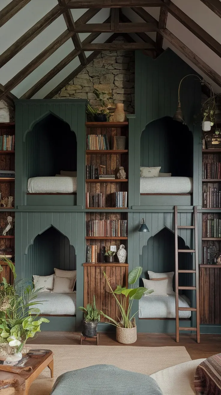 Escape to this enchanting nook bedroom, where dark green walls meet cottagecore charm. Beds nestled in cozy nooks, dark academia decor, and a touch of gothic romance create the ultimate emerald room aesthetic and bedroom inspiration dark green. A library bedroom fit for dreams.