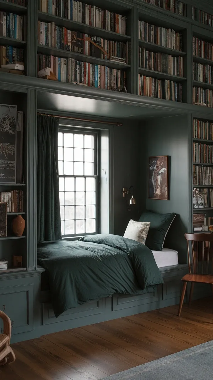 Find sanctuary in this gothic bedroom's enchanting nook. Dark green bedroom aesthetic and dark academia decor blend seamlessly in this bedroom inspiration, featuring beds in nooks and a captivating cottagecore vibe.