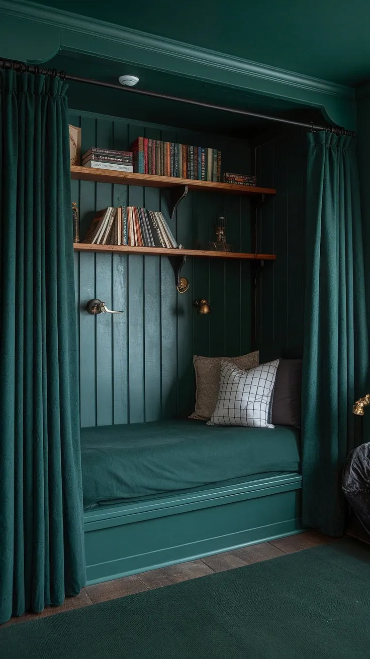 Cozy up in this dreamy nook bedroom, a haven of dark green bedroom aesthetic. Bedroom inspiration dark green abounds in this gothic bedroom, blending cottagecore bedroom elements with dark academia decor for a truly unique library bedroom feel.