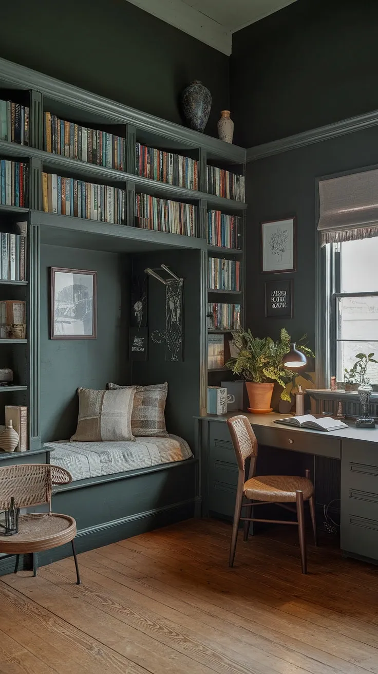Escape to this cozy nook bedroom, where dark green walls meet cottagecore charm and dark academia decor. Beds in nooks create the perfect library bedroom, a gothic bedroom with an emerald room aesthetic, offering endless bedroom inspiration.