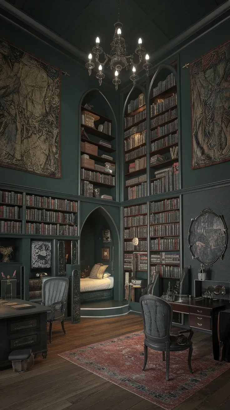 This dark green bedroom aesthetic is pure bedroom inspiration dark green. A gothic bedroom transformed into a dreamy library bedroom, complete with a secluded nook bedroom perfect for quiet contemplation. The dark academia decor is enhanced by the beds in nooks and the overall cottagecore bedroom vibe, creating a truly unique and enchanting emerald room aesthetic.