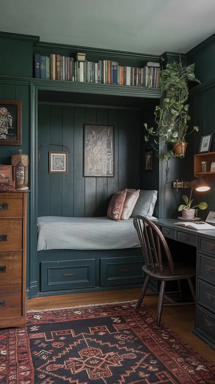 Escape to this enchanting nook bedroom, where dark green walls and dark academia decor create a cozy cottagecore haven. The emerald room aesthetic is complete with beds in nooks, a library bedroom feel, and gothic bedroom charm.