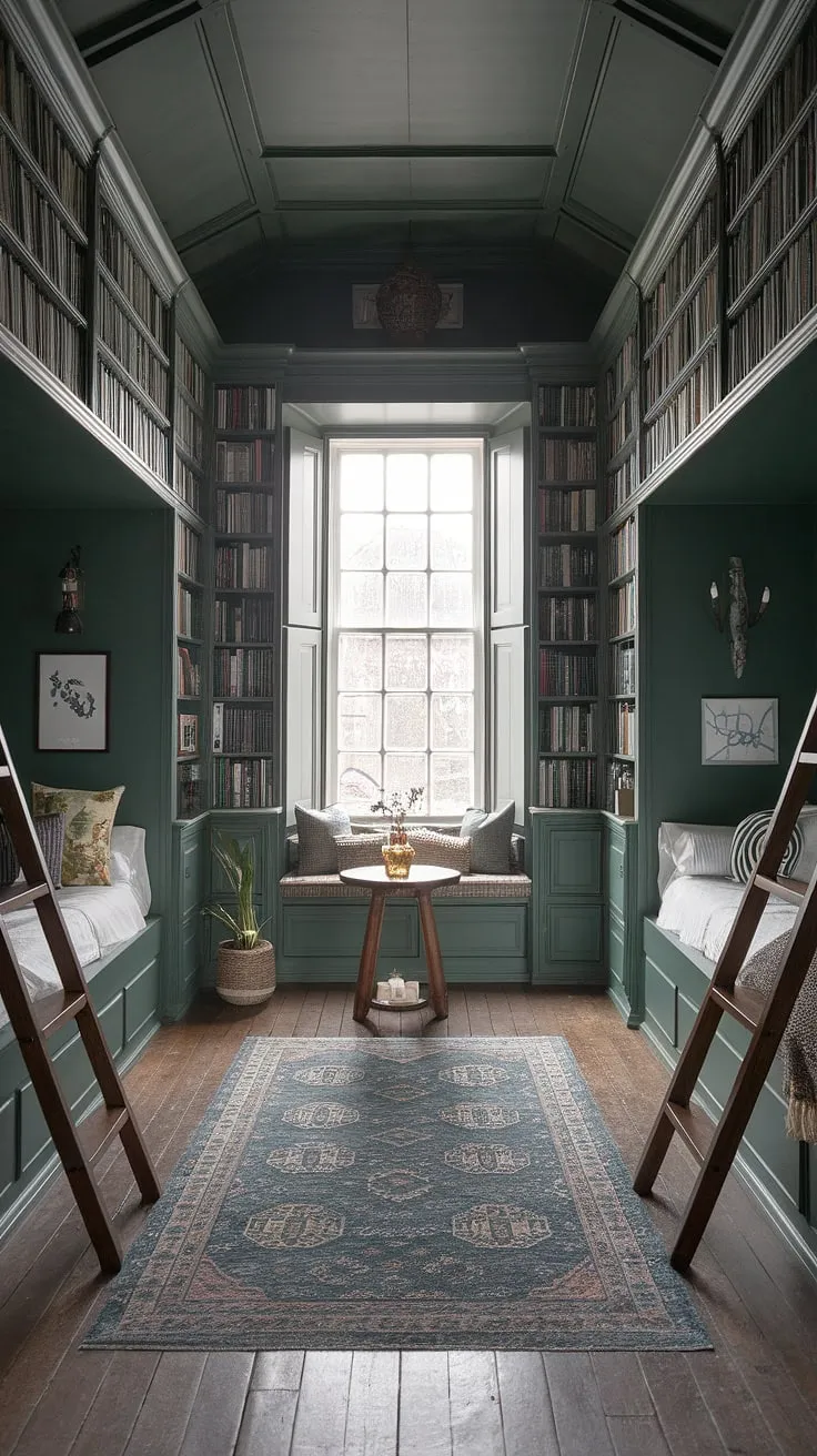 This gothic bedroom is a dreamy blend of dark academia decor and cottagecore bedroom style. The dark green bedroom aesthetic, a rich emerald room aesthetic, is perfectly complemented by the built-in beds in nooks, each with its own ladder. Surrounded by towering bookshelves, this library bedroom offers a cozy retreat, complete with a charming window seat nook. The worn wooden floors and patterned rug add to the overall inviting and serene atmosphere, making it the ultimate bedroom inspiration for dark green lovers.