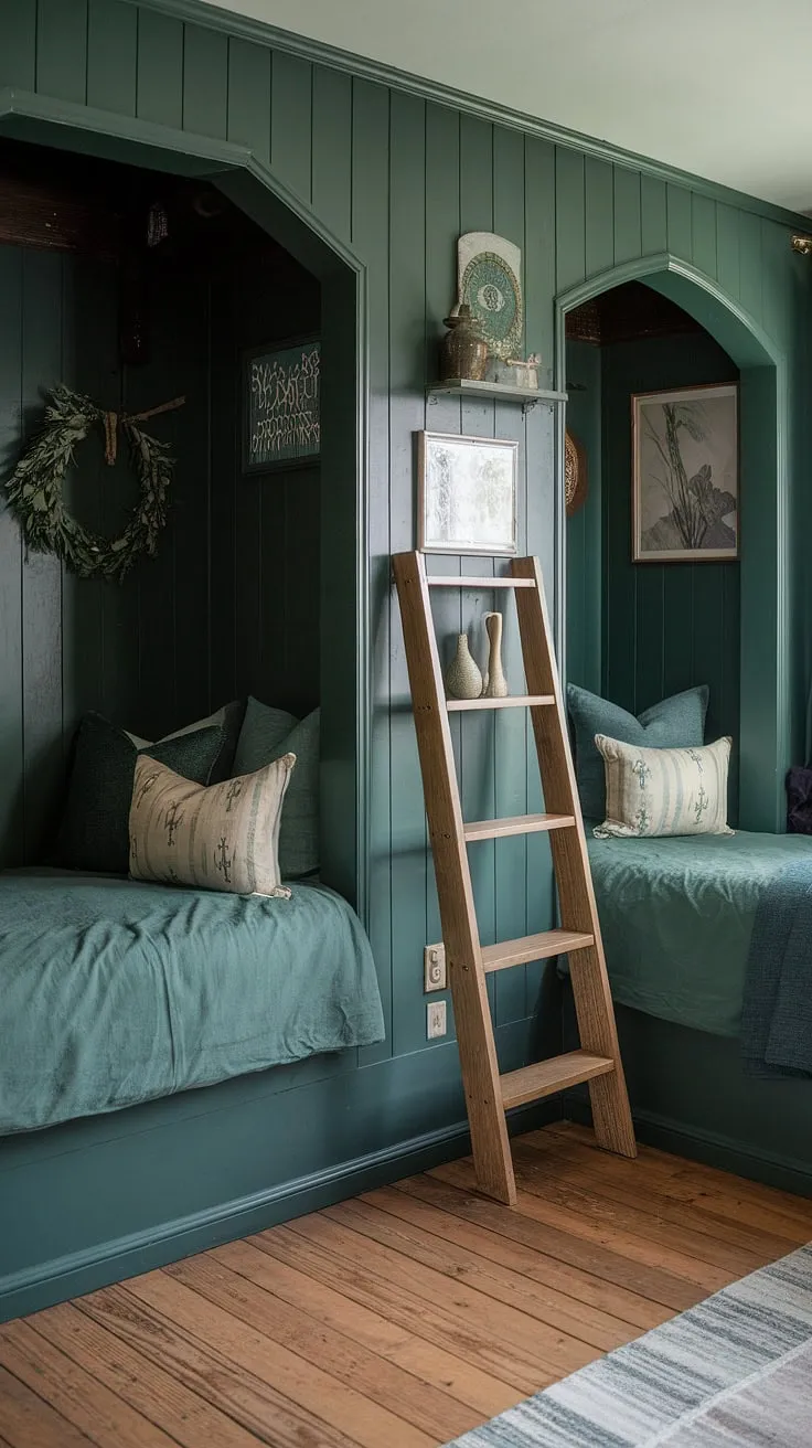 Escape to this enchanting nook bedroom, where a dark green bedroom aesthetic meets cottagecore charm. Beds in nooks create cozy havens, perfect for dark academia decor and gothic bedroom vibes. Library bedroom inspiration meets emerald room aesthetic.